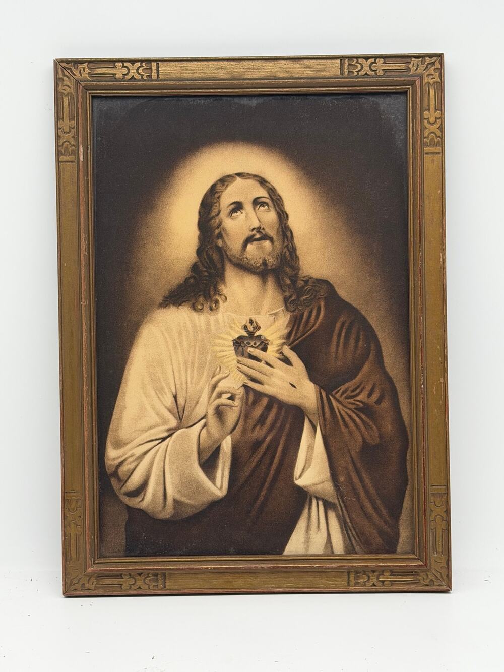 Vintage Sacred Heart of Jesus Framed Religious Print - 13 x 9 in